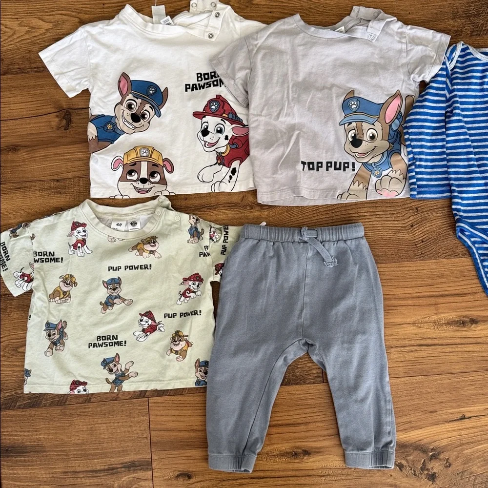 Bundle of 18 month shirt and pants sets, H&M and Carter’s, Paw Patrol / Soccer